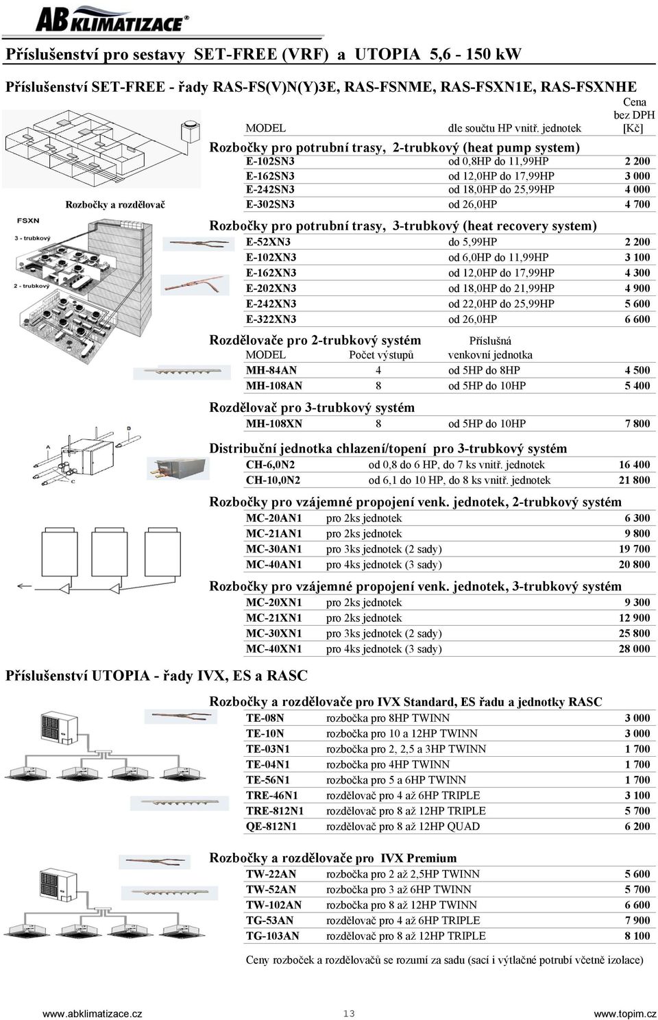26,0HP Rozbočky pro potrubní trasy, 3-trubkový (heat recovery system) E-52XN3 E-102XN3 E-162XN3 E-202XN3 E-242XN3 E-322XN3 Rozdělovače pro 2-trubkový systém do 5,99HP od 6,0HP do 11,99HP od 12,0HP do