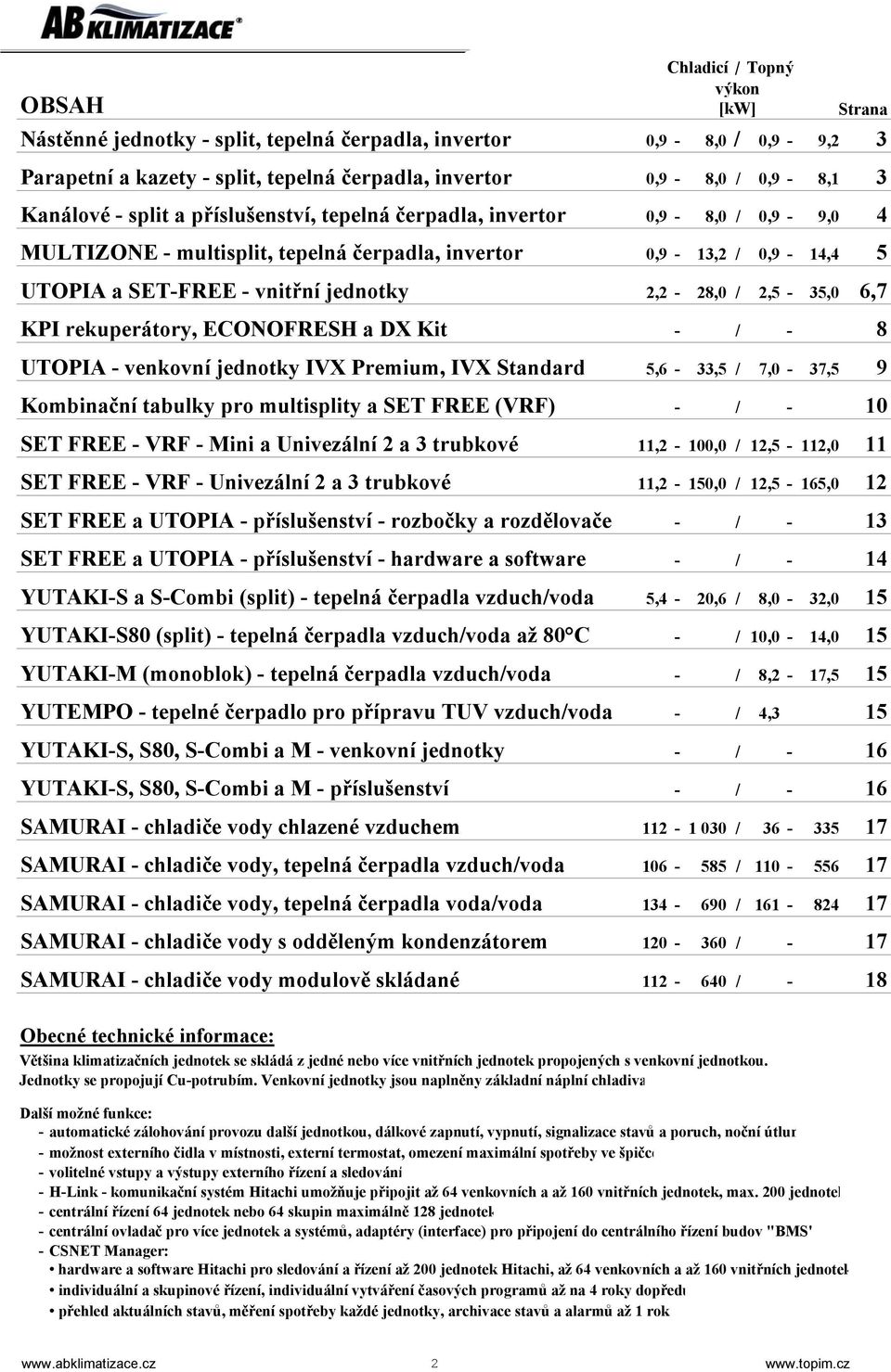 2,5-35,0 6,7 KPI rekuperátory, ECONOFRESH a DX Kit - / - 8 UTOPIA - venkovní jednotky IVX Premium, IVX Standard 5,6-33,5 / 7,0-37,5 9 Kombinační tabulky pro multisplity a SET FREE (VRF) - / - 10 SET