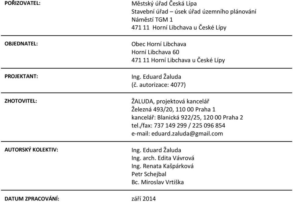 autorizace: 4077) ŽALUDA, projektová kancelář Železná 493/20, 110 00 Praha 1 kancelář: Blanická 922/25, 120 00 Praha 2 tel.