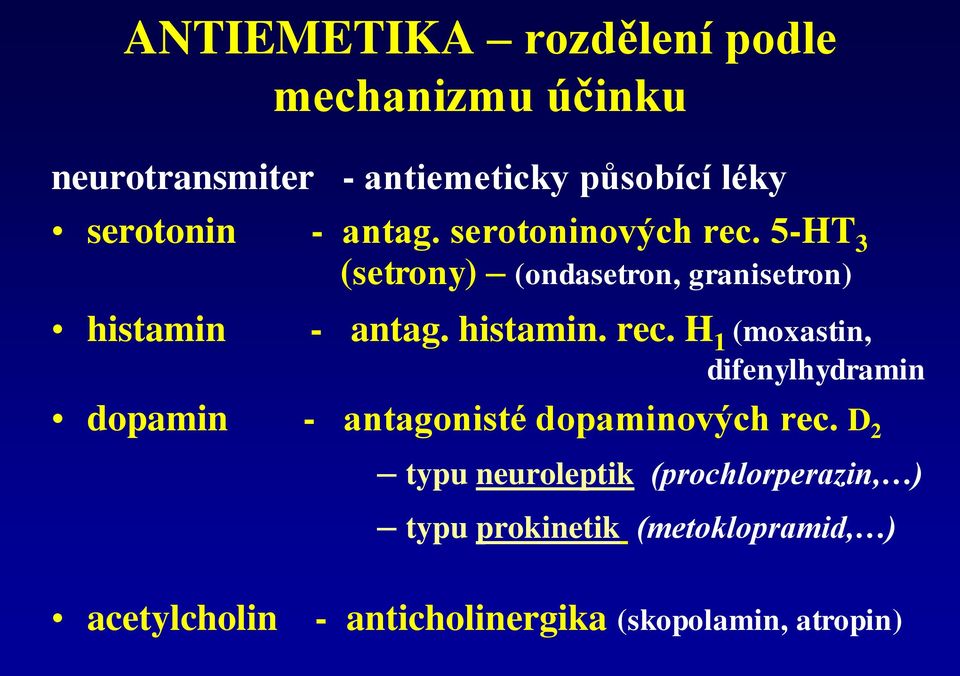 D 2 typu neuroleptik (prochlorperazin, ) typu prokinetik (metoklopramid, ) acetylcholin -