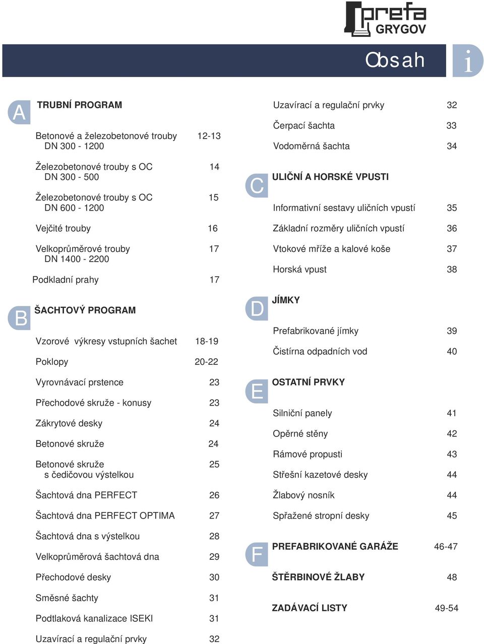 Podkladní prahy 17 Vtokové mříže a kalové koše 37 Horská vpust 38 B ŠACHTOVÝ PROGRAM Vzorové výkresy vstupních šachet 18-19 Poklopy 20-22 D JÍMKY Prefabrikované jímky 39 Čistírna odpadních vod 40