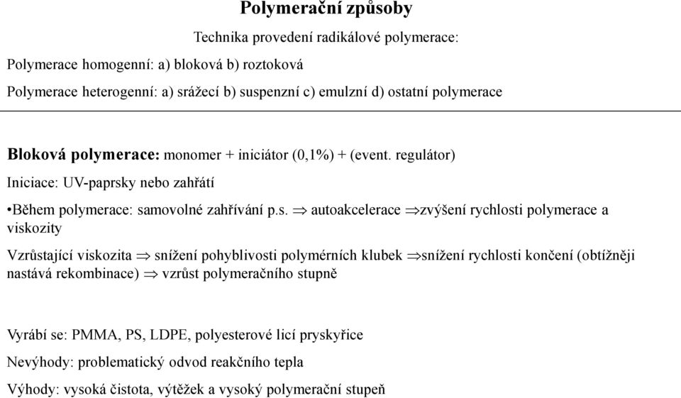 Polymerační způsoby. Bloková polymerace: monomer + iniciátor (0,1%) +  (event. regulátor) - PDF Free Download