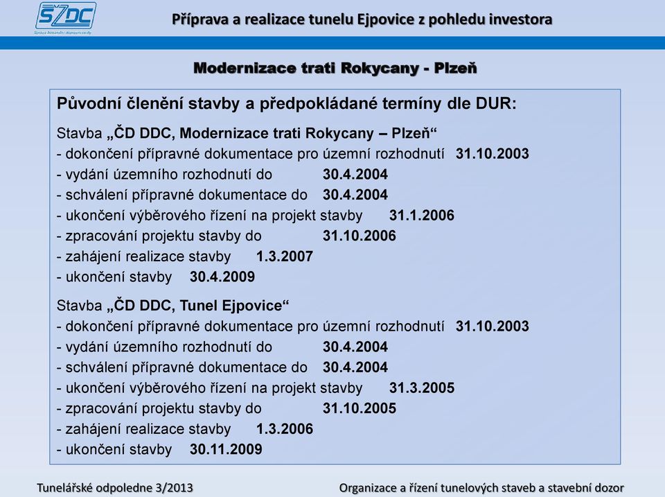 2006 - zahájení realizace stavby 1.3.2007 - ukončení stavby 30.4.2009 Stavba ČD DDC, Tunel Ejpovice - dokončení přípravné dokumentace pro územní rozhodnutí 31.10.