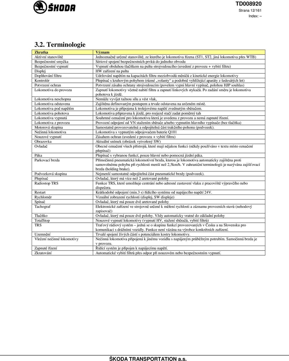 Terminologie Zkratka Význam Aktivní stanoviště Jednoznačně určené stanoviště, ze kterého je lokomotiva řízena (ST1, ST2, jiná lokomotiva přes WTB) Bezpečnostní smyčka Sériové spojení bezpečnostních