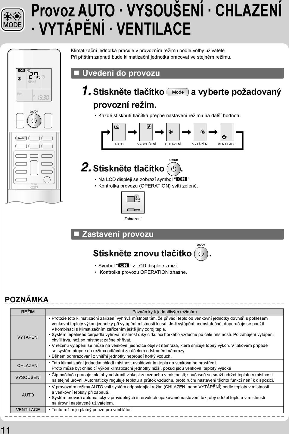 Stiskněte tlačítko. Na LCD displeji se zobrazí symbol " ". Kontrolka provozu (OPERATION) svítí zeleně. Zobrazení Zastavení provozu Stiskněte znovu tlačítko. Symbol " " z LCD displeje zmizí.