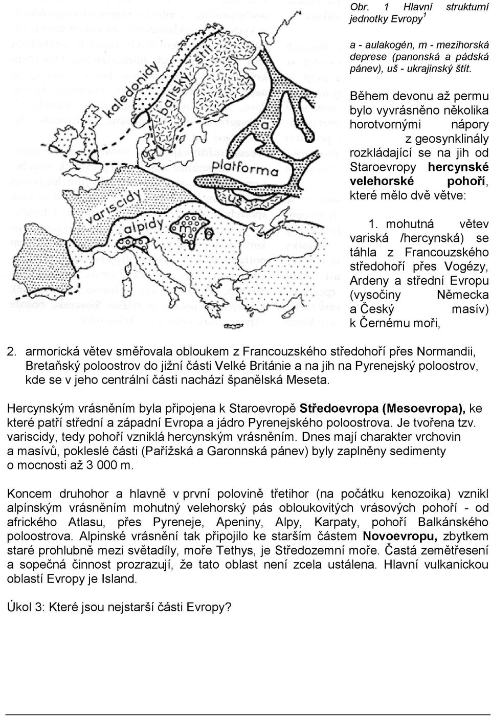 mohutná větev variská /hercynská) se táhla z Francouzského středohoří přes Vogézy, Ardeny a střední Evropu (vysočiny Německa a Český masív) k Černému moři, 2.