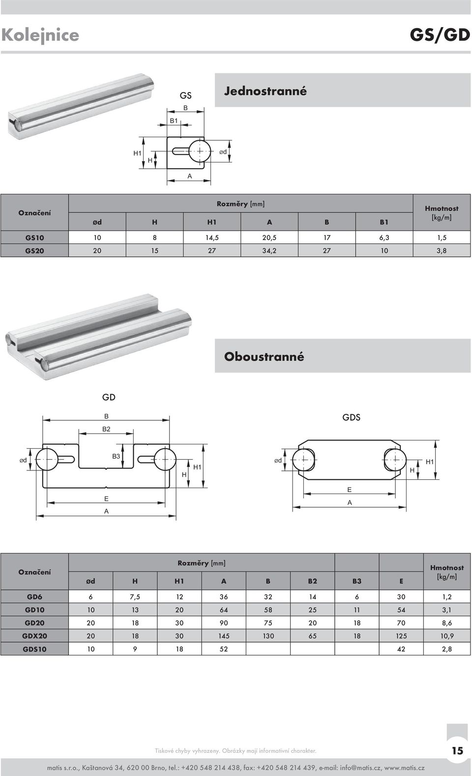 H1 B B2 B3 E Hmotnost [kg/m] GD6 6 7,5 12 36 32 14 6 30 1,2 GD10 10 13 20 64 58 25 11 54 3,1