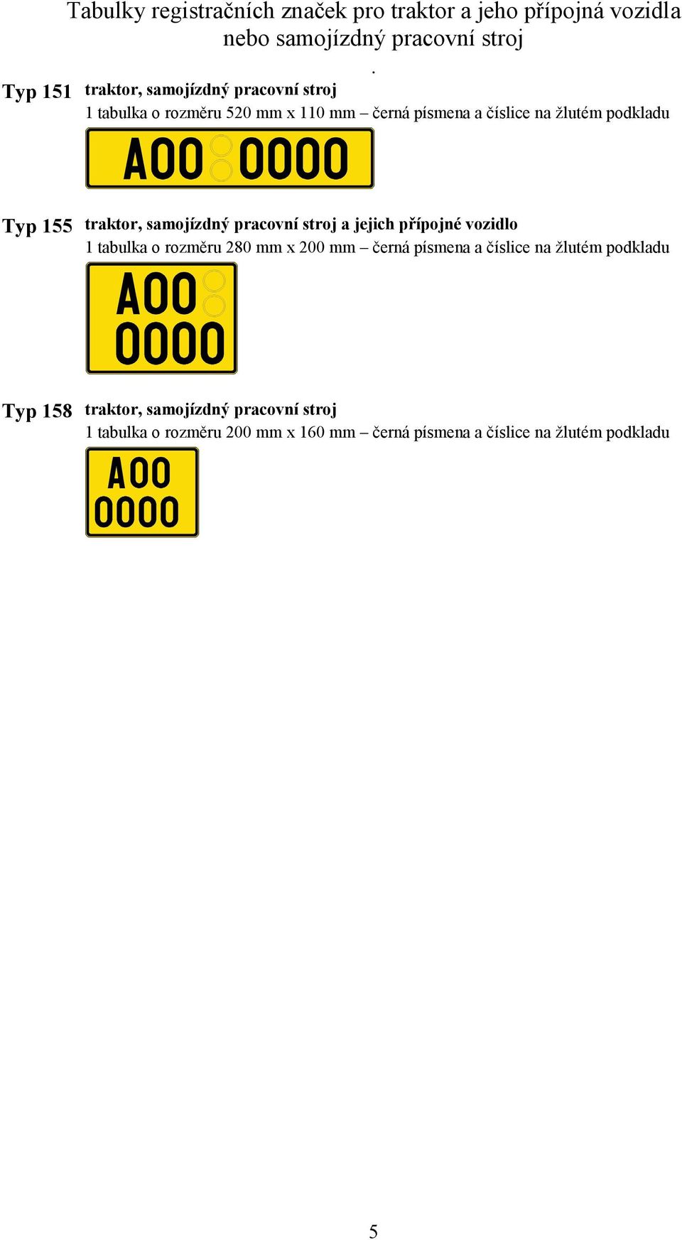 Typ 155 traktor, samojízdný pracovní stroj a jejich přípojné vozidlo 1 tabulka o rozměru 280 mm x 200 mm černá písmena a