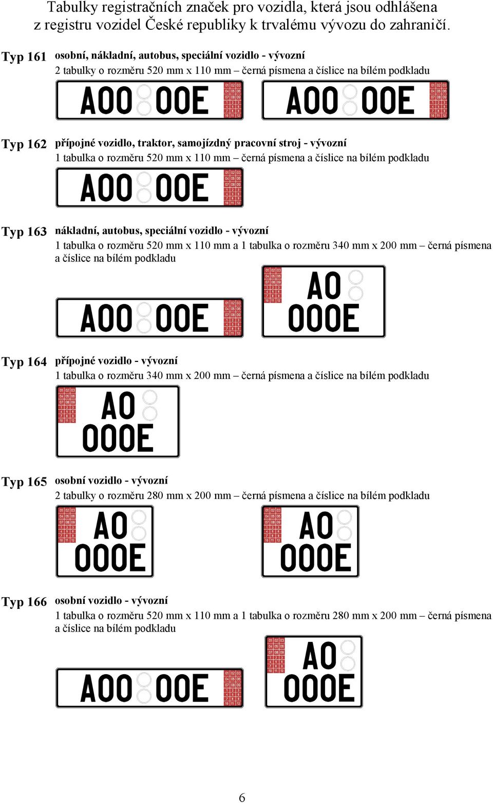 mm x 110 mm černá Typ 163 nákladní, autobus, speciální vozidlo - vývozní 1 tabulka o rozměru 520 mm x 110 mm a 1 tabulka o rozměru 340 mm x 200 mm černá písmena a číslice na bílém podkladu Typ 164