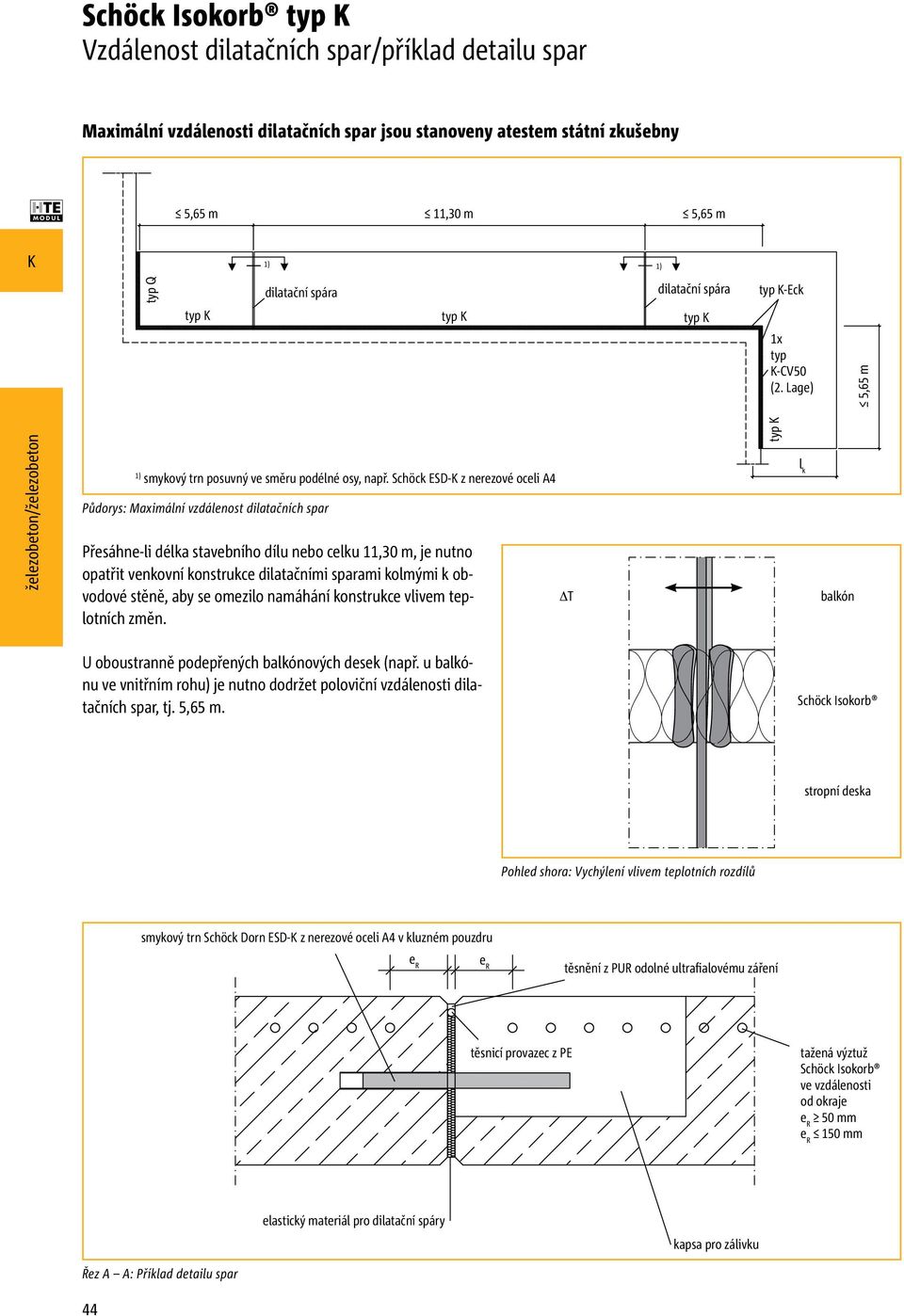 Schöck ESD- z nerezové oceli A4 Půdorys: Maximální vzdálenost dilatačních spar Přesáhne-li délka stavebního dílu nebo celku 11,30 m, je nutno opatřit venkovní konstrukce dilatačními sparami kolmými k