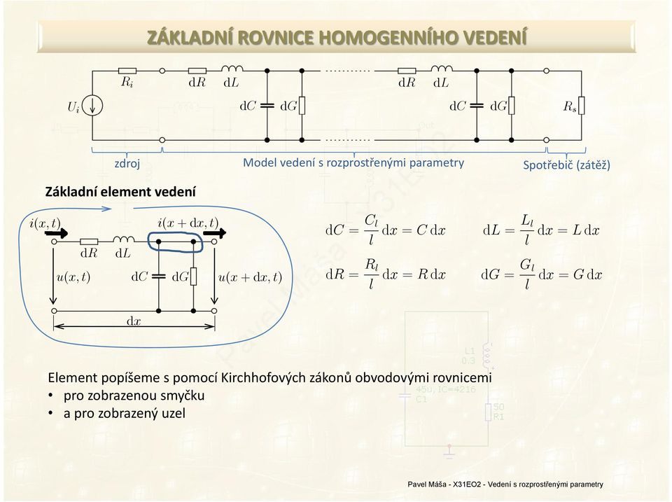 dx dc = C dx = C dx dr = R dx = R dx Eement popíšeme s pomocí Kirchhofových zákonů obvodovými rovnicemi