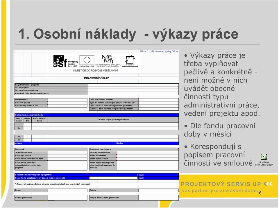 hodin PRACOVNÍ VÝKAZ Druh pracovního poměru Výše měsíčního úvazku pro projekt v hodinách* Další úvazek v projektech příjemce/partnera* Úvazek v další činnosti pro příjemce/partnera* Detailní popis