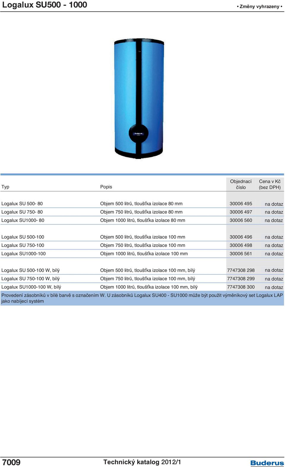 700,- dotaz Logalux SU400-100 Objem 400 litrů, tloušťka izolace 100 mm 30006 494 51.800,- Logalux SU 500-100 Objem 500 litrů, tloušťka izolace 100 mm 30006 496 na 62.
