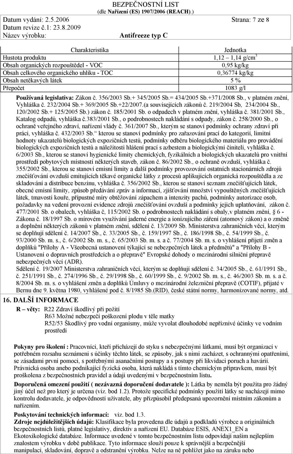 látek 5 % Přepočet 1083 g/l Používaná legislativa: Zákon č. 356/2003 Sb.+ 345/2005 Sb.= 434/2005 Sb.+371/2008 Sb., v platném znění, Vyhláška č. 232/2004 Sb.+ 369/2005 Sb.+22/2007.