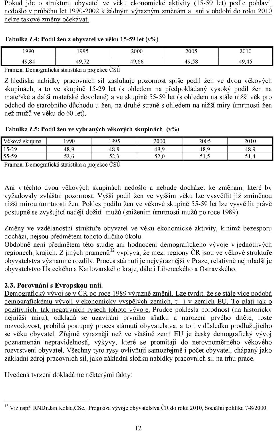 4: Podíl žen z obyvatel ve věku 15-59 let (v%) 1990 1995 2000 2005 2010 49,84 49,72 49,66 49,58 49,45 Pramen: Demografická statistika a projekce ČSÚ Z hlediska nabídky pracovních sil zasluhuje