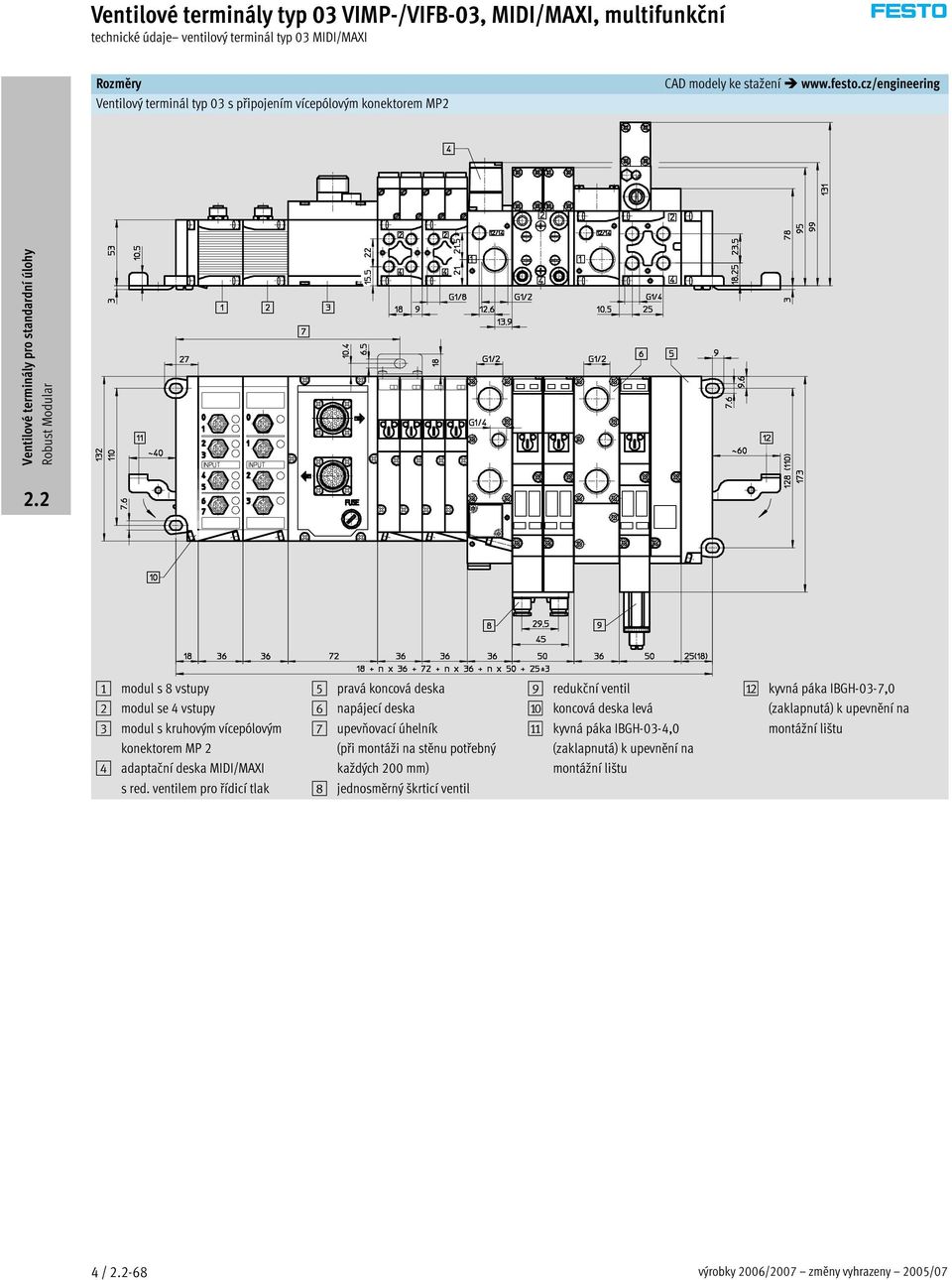 ventilem pro řídicí tlak 5 pravá koncová deska 6 napájecí deska 7 upevňovací úhelník (při montáži na stěnu potřebný každých 200 mm) 8 jednosměrný škrticí ventil 9