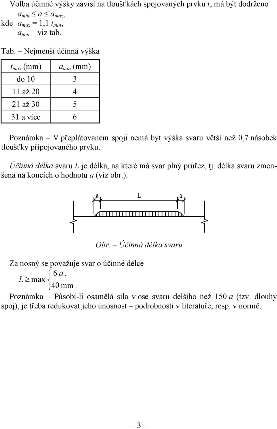 připojovaného prvku. Účinná délka svaru L je délka, na které má svar plný průřez, tj. délka svaru zmenšená na koncích o hodnotu a (viz obr.). Obr.