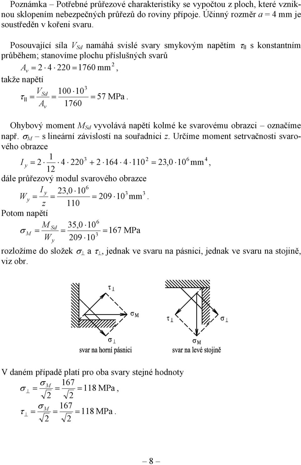 A 1760 v Ohybový moment M Sd vyvolává napětí kolmé ke svarovému obrazci označíme např. σ M s lineární závislostí na souřadnici z.
