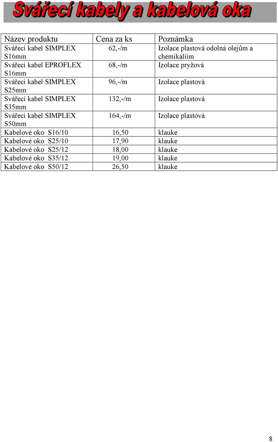 SIMPLEX 32,-/m Izolace plastová S35mm Svářecí kabel SIMPLEX 64,-/m Izolace plastová S50mm Kabelové oko S6/0 6,50 klauke