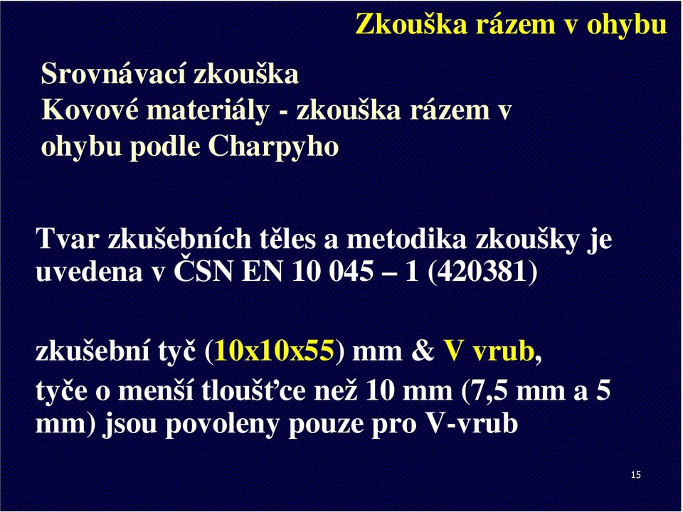 uvedena v ČSN EN 10 045 1 (420381) zkušební tyč (10x10x55) mm & V vrub,