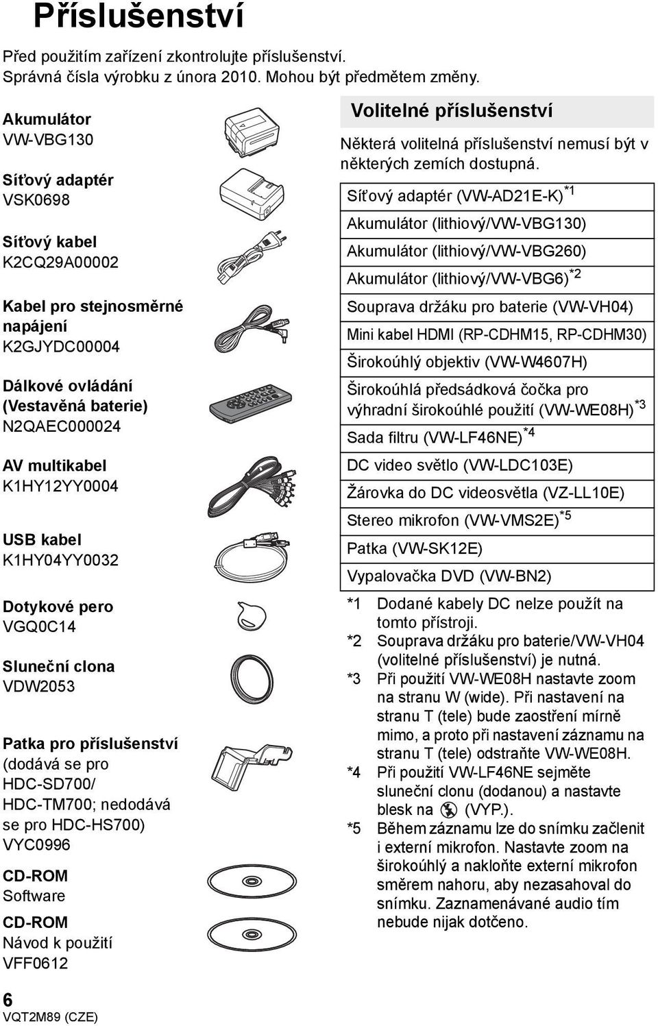 kabel K1HY04YY0032 Dotykové pero VGQ0C14 Sluneční clona VDW2053 Patka pro příslušenství (dodává se pro HDC-SD700/ HDC-TM700; nedodává se pro HDC-HS700) VYC0996 CD-ROM Software CD-ROM Návod k použití