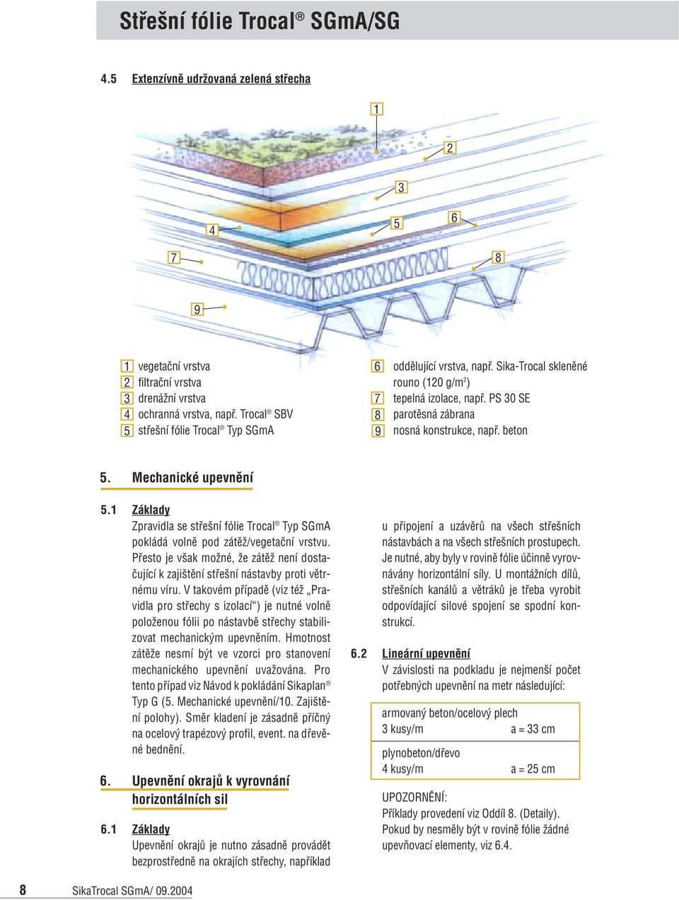 Mechanické upevnění. Základy Zpravidla se střešní fólie Trocal Typ SGmA pokládá volně pod zátěž/vegetační vrstvu.