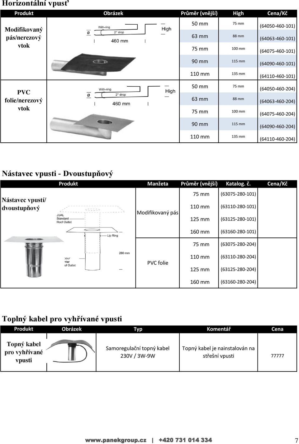 Nástavec vpusti - Dvoustupňový Produkt Manžeta Průměr (vnější) Katalog. č.