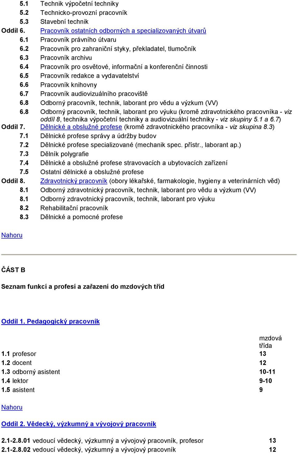 6 Pracovník knihovny 6.7 Pracovník audiovizuálního pracoviště 6.8 Odborný pracovník, technik, laborant pro vědu a výzkum (VV) 6.