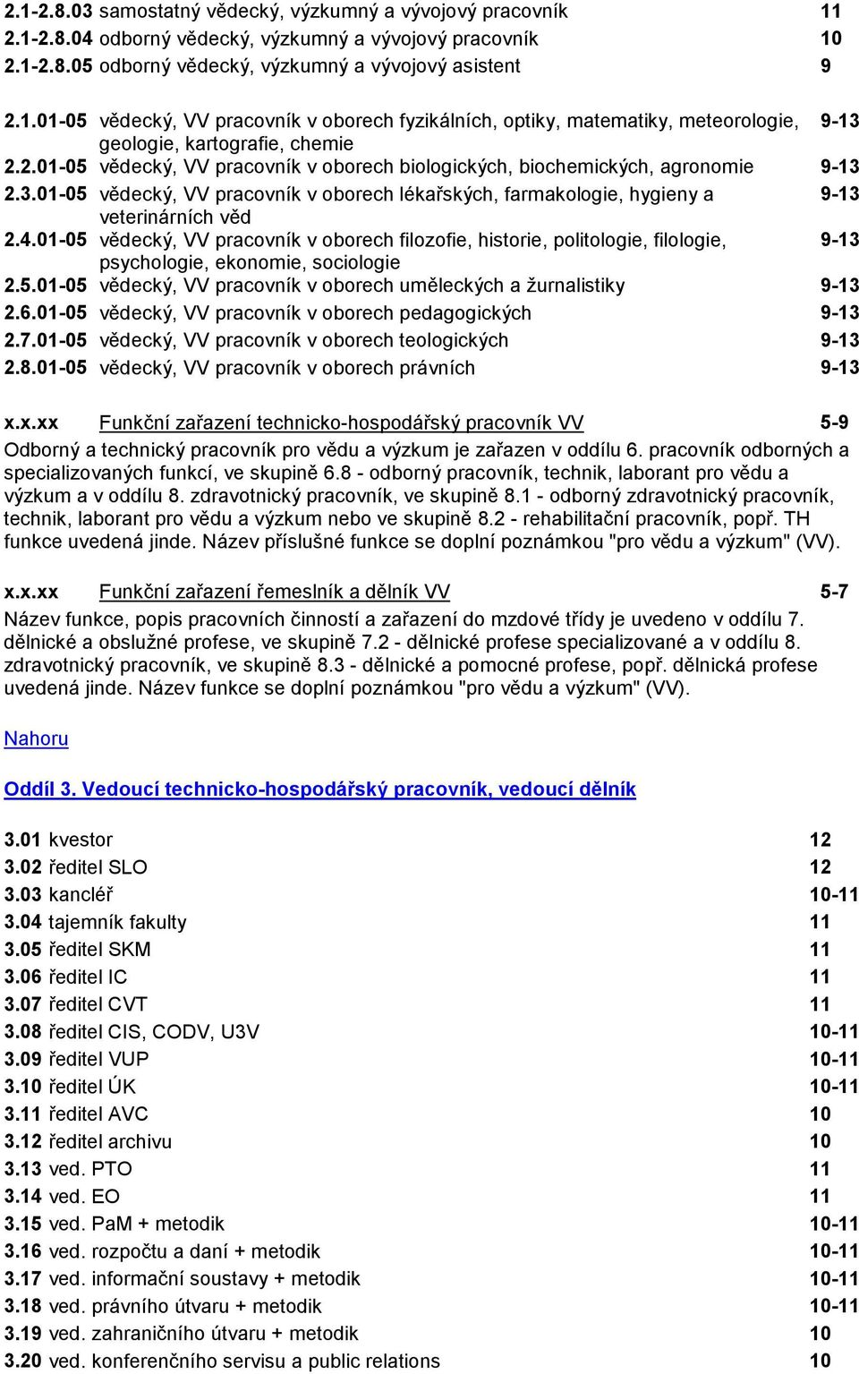 01-05 vědecký, VV pracovník v oborech filozofie, historie, politologie, filologie, 9-13 psychologie, ekonomie, sociologie 2.5.01-05 vědecký, VV pracovník v oborech uměleckých a žurnalistiky 9-13 2.6.