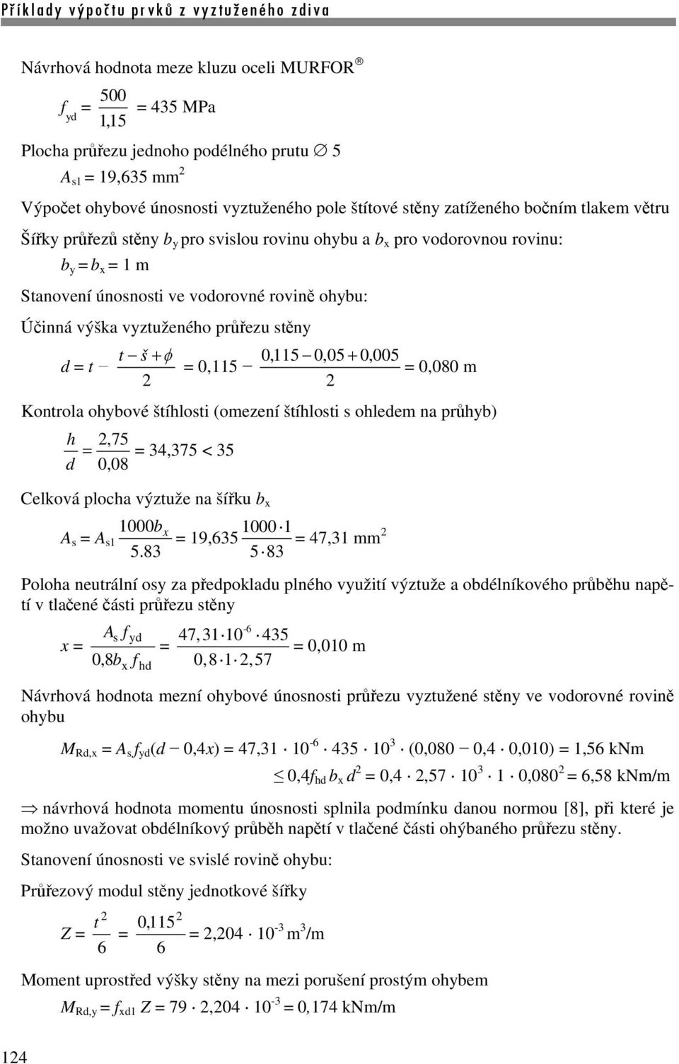 0,115 0,05 + 0,005 0,080 m Kontrola ohybové štíhlosti (omezení štíhlosti s ohledem na průhyb) h,75 34,375 < 35 d 0,08 Celková plocha výztuže na šířku b x 1000b A s A x 1000 1 s1 19,635 47,31 mm 5.