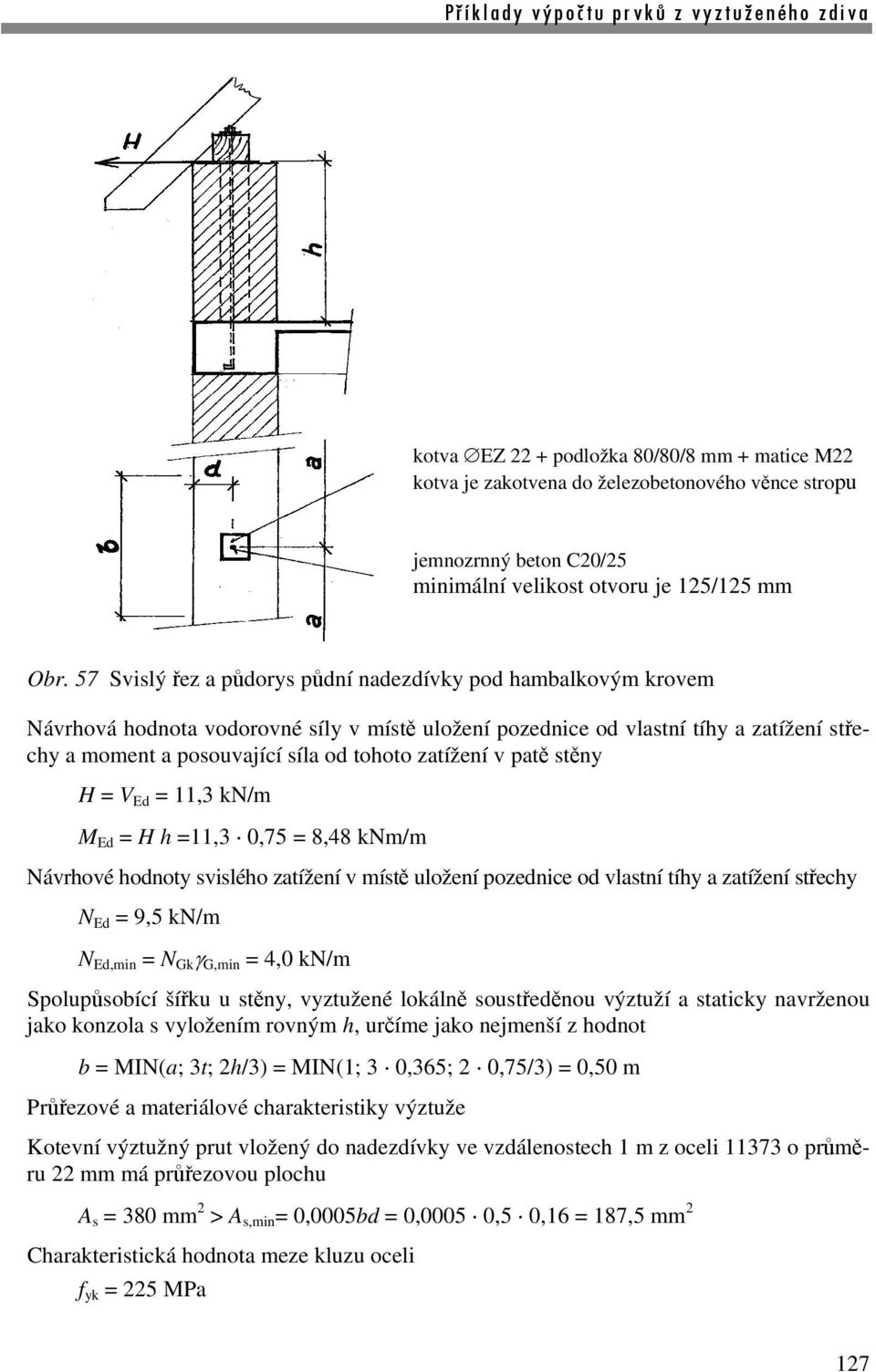 zatížení v patě stěny H V Ed 11,3 kn/m M Ed H h 11,3 0,75 8,48 knm/m Návrhové hodnoty svislého zatížení v místě uložení pozednice od vlastní tíhy a zatížení střechy N Ed 9,5 kn/m N Ed,min N Gk γ