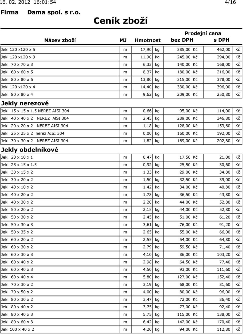 5 NEREZ AISI 304 m 0,66 kg 95,00 Kč 114,00 Kč Jekl 40 x 40 x 2 NEREZ AlSI 304 m 2,45 kg 289,00 Kč 346,80 Kč Jekl 20 x 20 x 2 NEREZ AISI 304 m 1,18 kg 128,00 Kč 153,60 Kč Jekl 25 x 25 x 2 nerez AISI