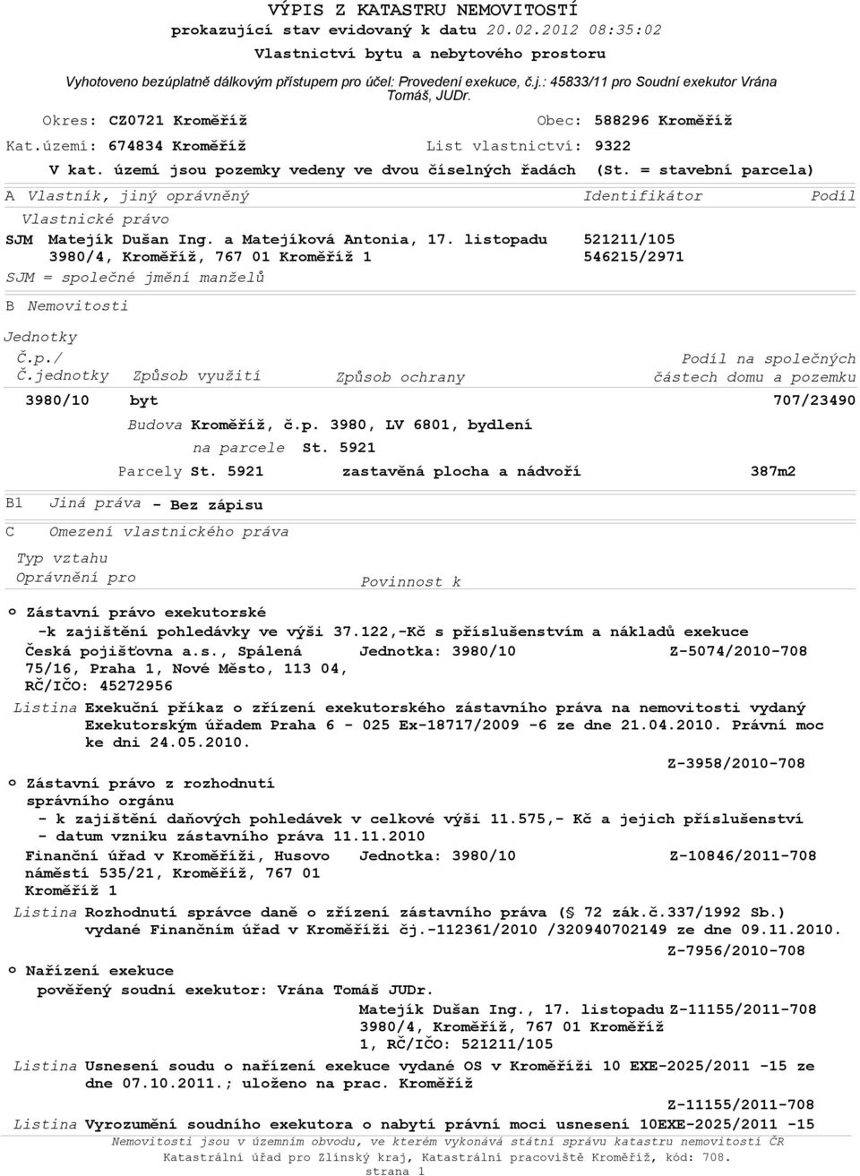 listopadu 3980/4, Kroměříž, 767 01 Kroměříž 1 SJM = společné jmění manželů B Jednotky Č.p./ Č.