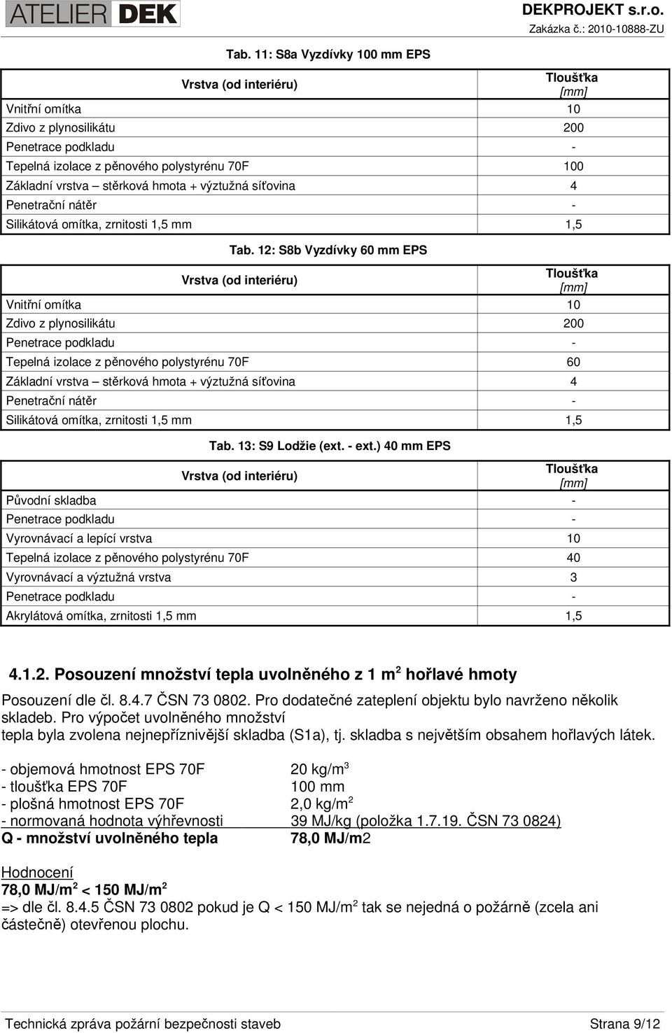 12: S8b Vyzdívky 60 mm EPS Vnitřní omítka 10 Zdivo z plynosilikátu 200 Tepelná izolace z pěnového polystyrénu 70F 60 Základní vrstva stěrková hmota + výztužná síťovina 4 Silikátová omítka,  13: S9