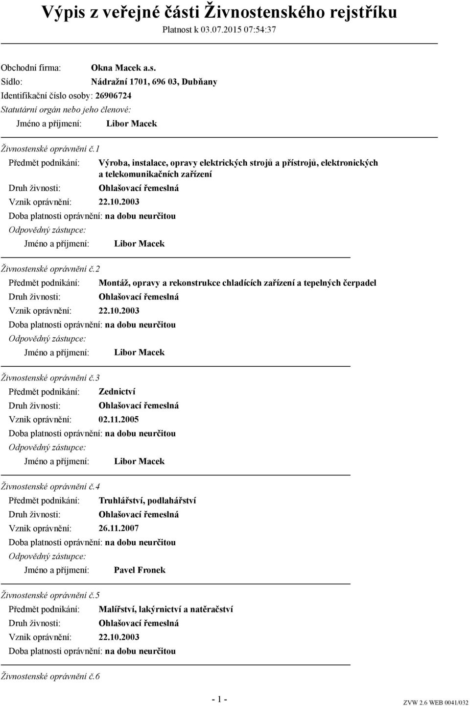 2003 Jméno a příjmení: Libor Macek Živnostenské oprávnění č.