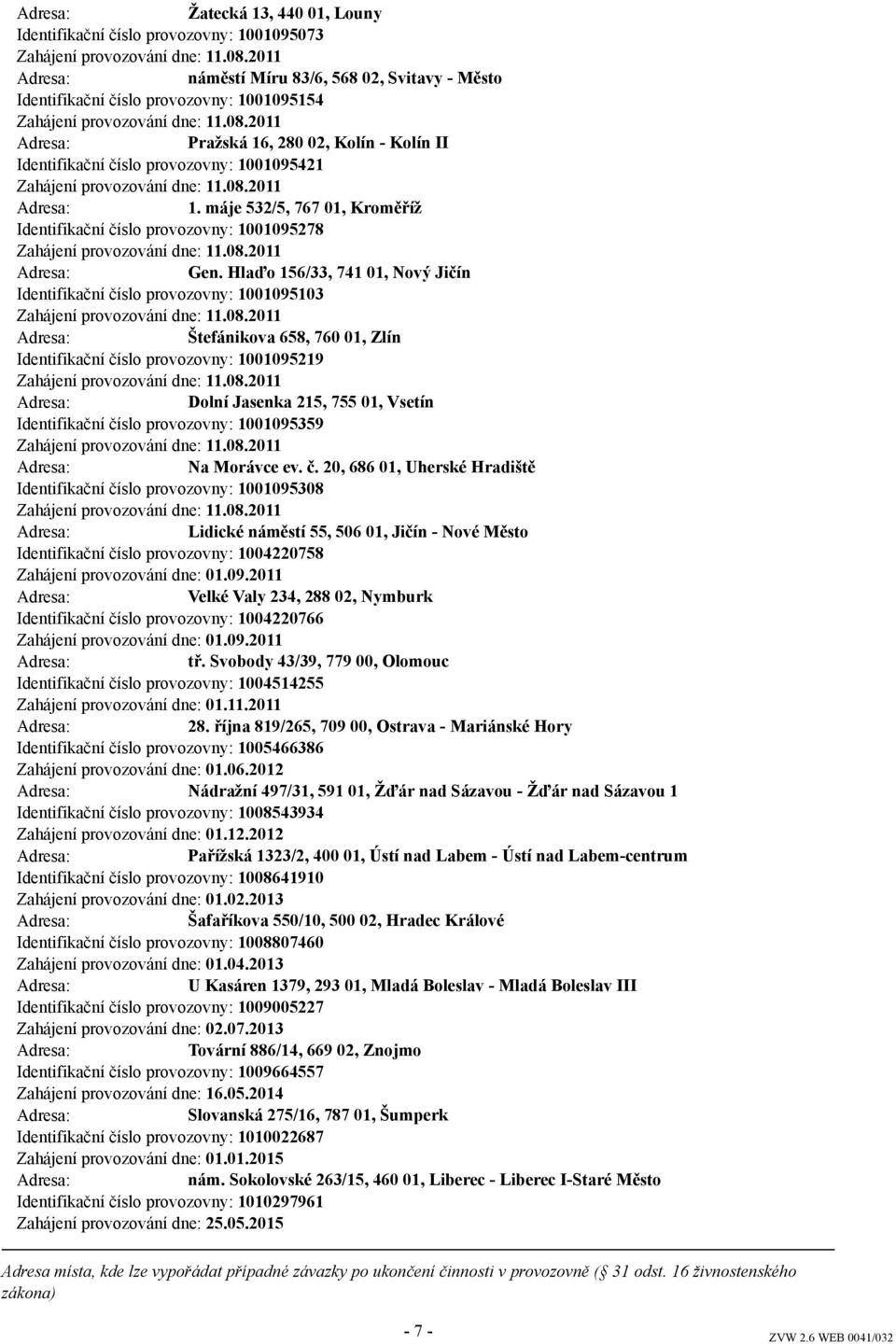 Hlaďo 156/33, 741 01, Nový Jičín Identifikační číslo provozovny: 1001095103 Štefánikova 658, 760 01, Zlín Identifikační číslo provozovny: 1001095219 Dolní Jasenka 215, 755 01, Vsetín Identifikační