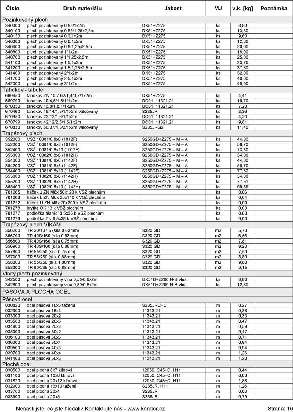 25,00 341100 plech pozinkovaný 1,5/1x2m DX51+Z275 ks 23,75 341200 plech pozinkovaný 1,5/1,25x2,5m DX51+Z275 ks 37,50 341400 plech pozinkovaný 2/1x2m DX51+Z275 ks 32,00 341700 plech pozinkovaný