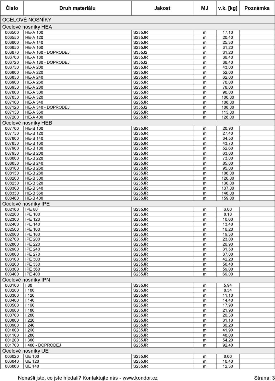 70,00 006950 HE-A 280 S235JR m 78,00 007000 HE-A 300 S235JR m 90,00 007050 HE-A 320 S235JR m 100,00 007100 HE-A 340 S235JR m 108,00 007120 HE-A 340 - DOPRODEJ S355J2 m 108,00 007150 HE-A 360 S235JR m