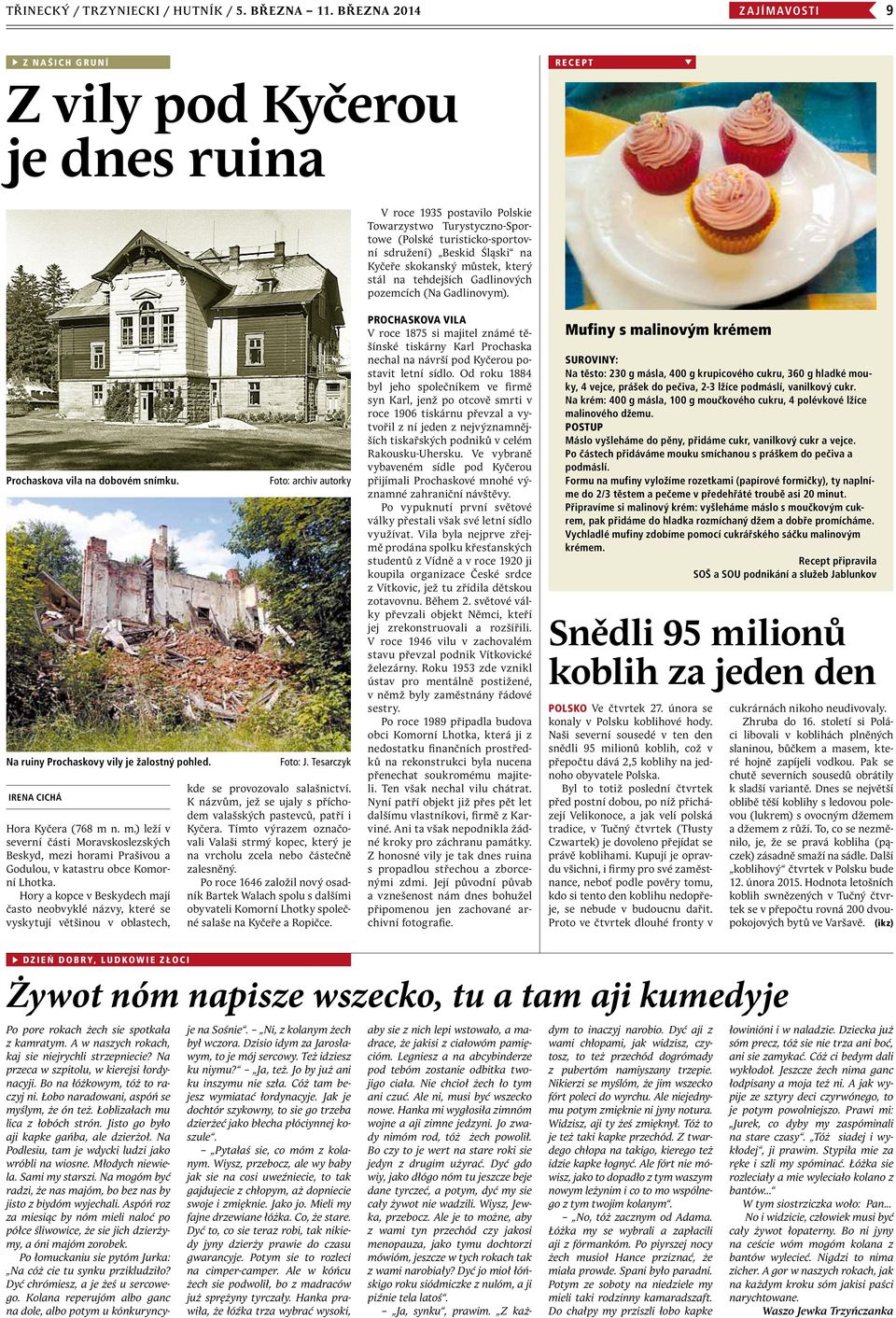 Kyčeře skokanský můstek, který stál na tehdejších Gadlinových pozemcích (Na Gadlinovym). Prochaskova vila na dobovém snímku. Na ruiny Prochaskovy vily je žalostný pohled.