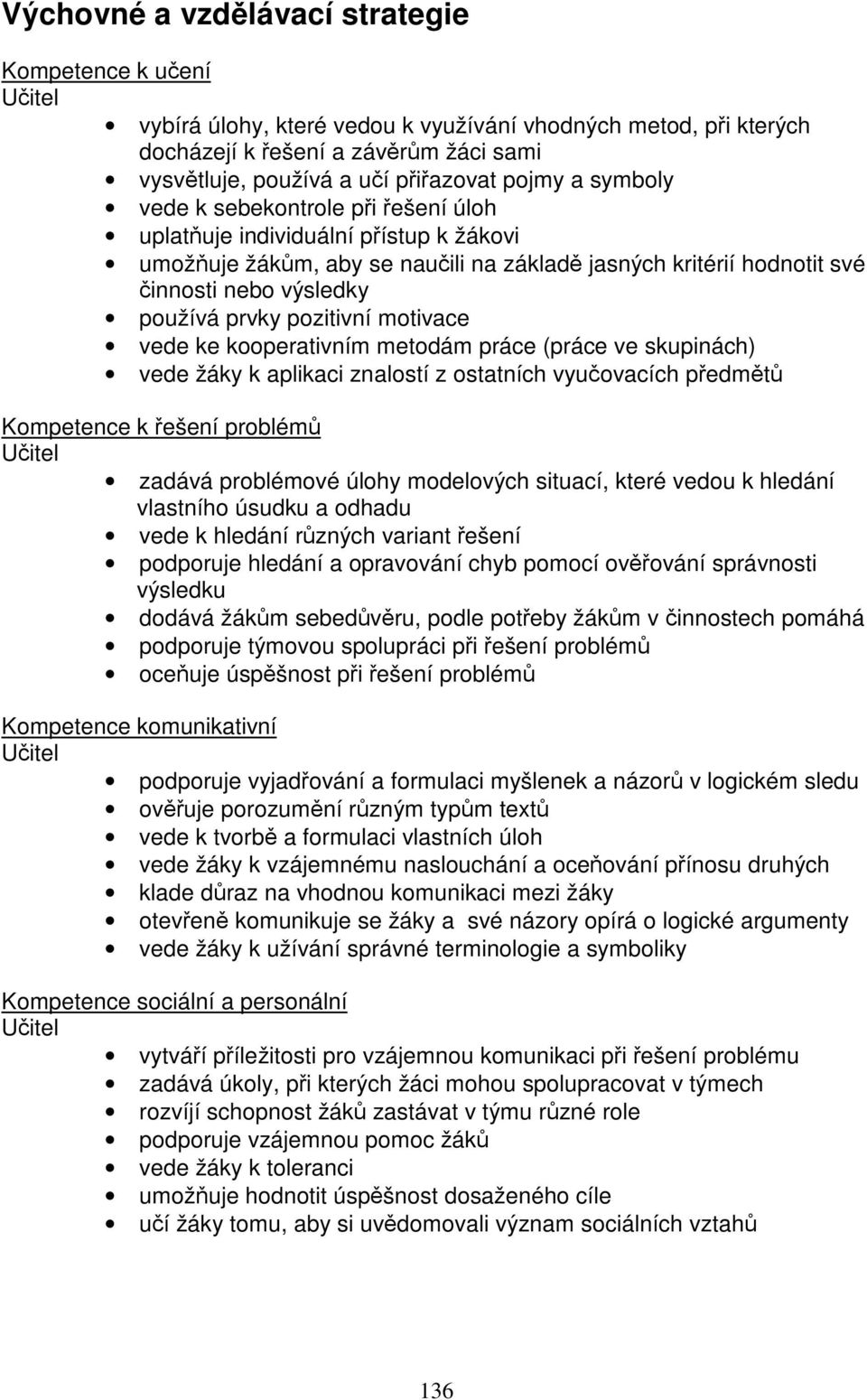 prvky pozitivní motivace vede ke kooperativním metodám práce (práce ve skupinách) vede žáky k aplikaci znalostí z ostatních vyučovacích předmětů Kompetence k řešení problémů Učitel zadává problémové