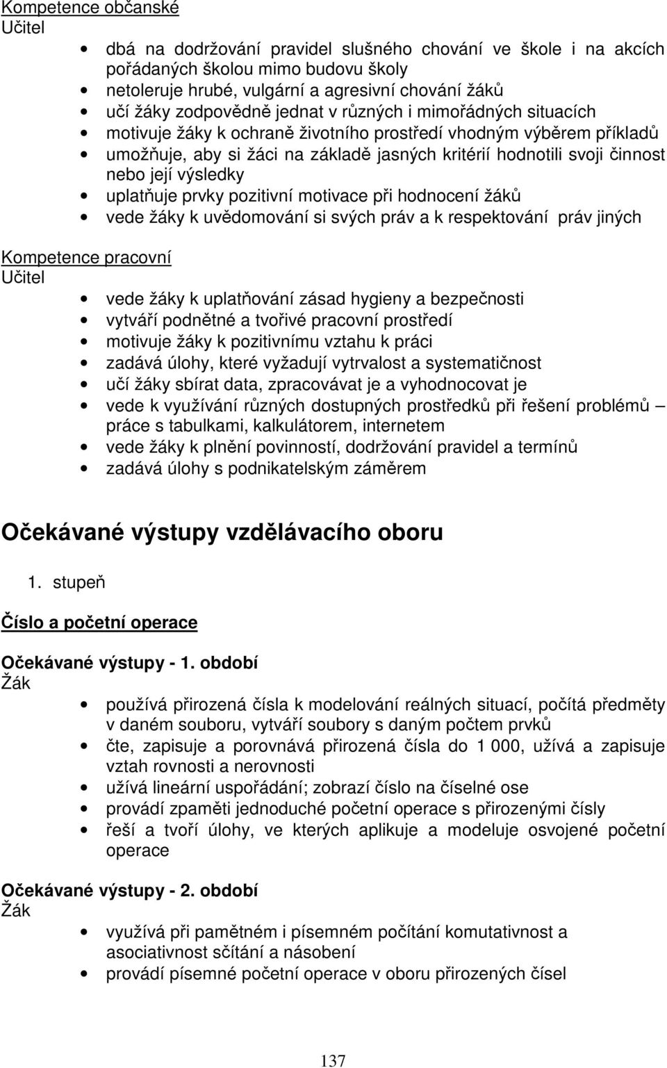 výsledky uplatňuje prvky pozitivní motivace při hodnocení žáků vede žáky k uvědomování si svých práv a k respektování práv jiných Kompetence pracovní Učitel vede žáky k uplatňování zásad hygieny a