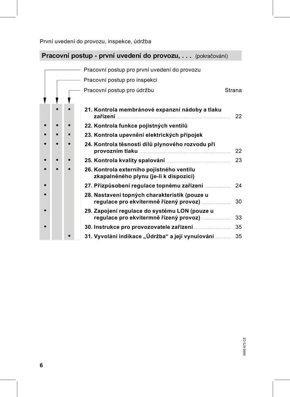 Kontrola funkce pojistných ventilů 23. Kontrola upevnění elektrických přípojek 24. Kontrola těsnosti dílů plynového rozvodu při provozním tlaku... 22 25. Kontrola kvality spalování... 23 26.