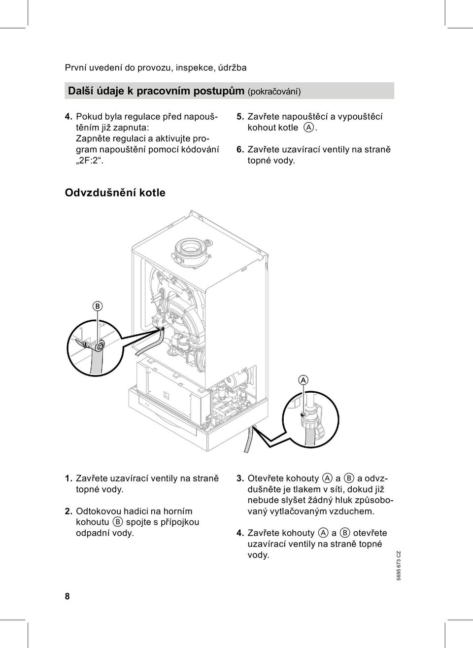 Zavřete napouštěcí a vypouštěcí kohout kotle A. 6. Zavřete uzavírací ventily na straně topné vody. Odvzdušnění kotle 1.