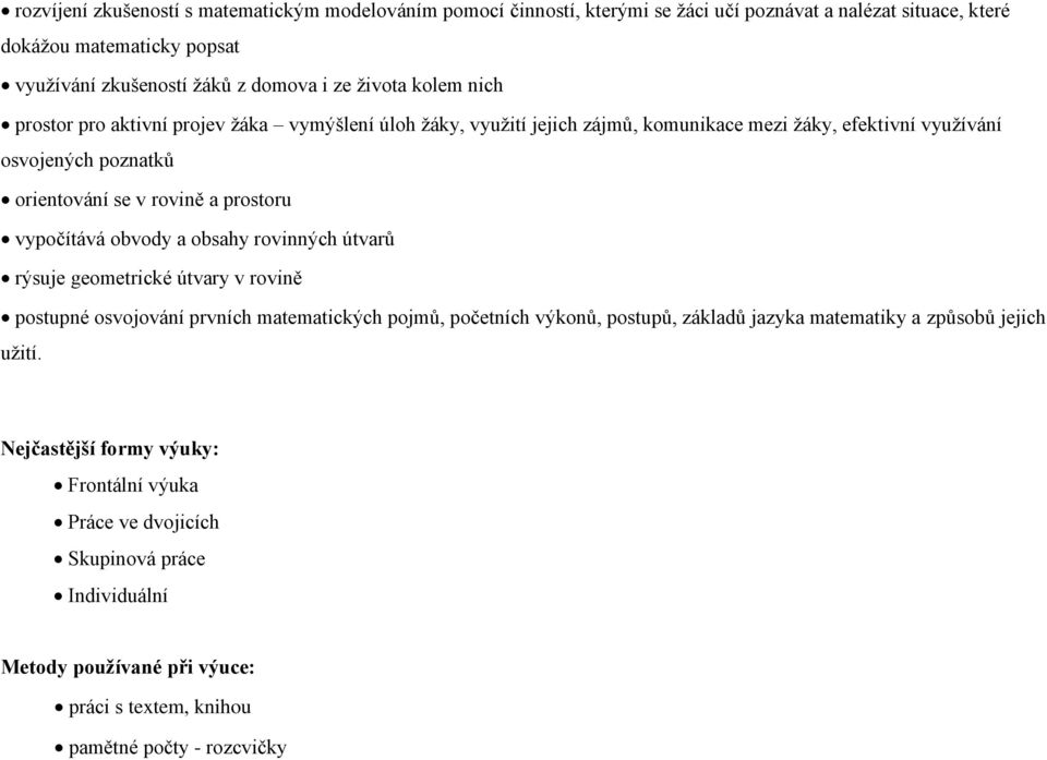 prostoru vypočítává obvody a obsahy rovinných útvarů rýsuje geometrické útvary v rovině postupné osvojování prvních matematických pojmů, početních výkonů, postupů, základů jazyka