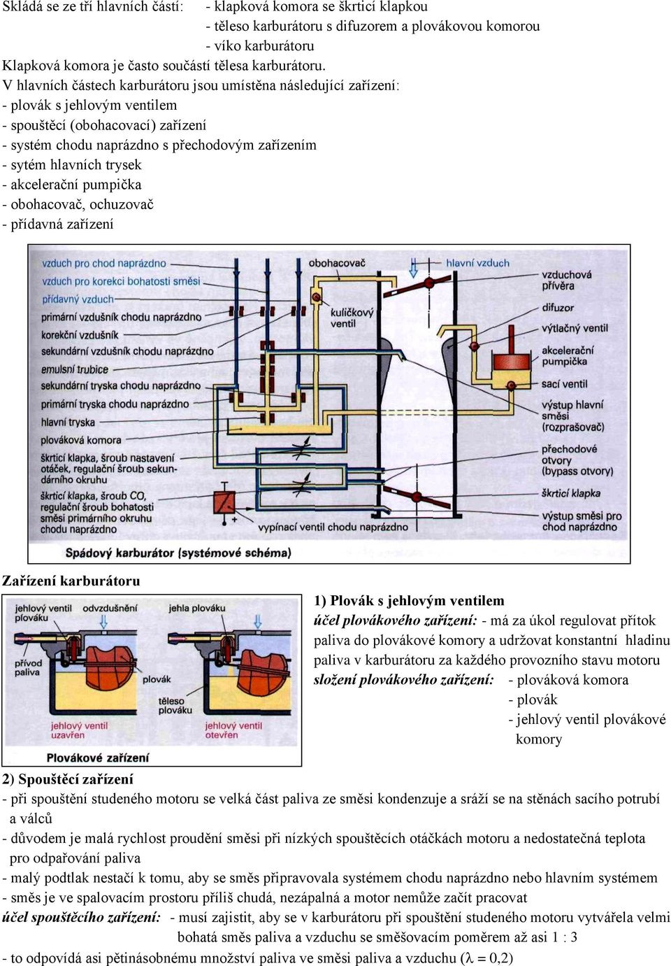 trysek - akcelerační pumpička - obohacovač, ochuzovač - přídavná zařízení Zařízení karburátoru 1) Plovák s jehlovým ventilem účel plovákového zařízení: - má za úkol regulovat přítok paliva do