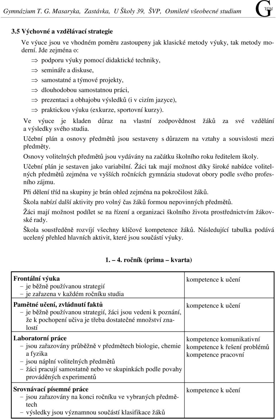 výuku (exkurze, sportovní kurzy). Ve výuce je kladen důraz na vlastní zodpovědnost žáků za své vzdělání a výsledky svého studia.