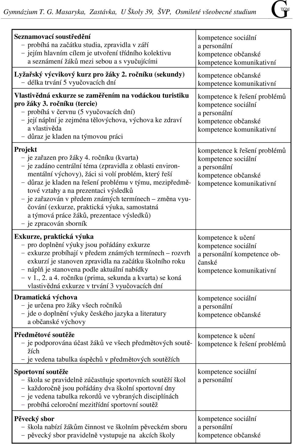 ročníku (tercie) - probíhá v červnu (5 vyučovacích dní) - její náplní je zejména tělovýchova, výchova ke zdraví a vlastivěda - důraz je kladen na týmovou práci Projekt - je zařazen pro žáky 4.