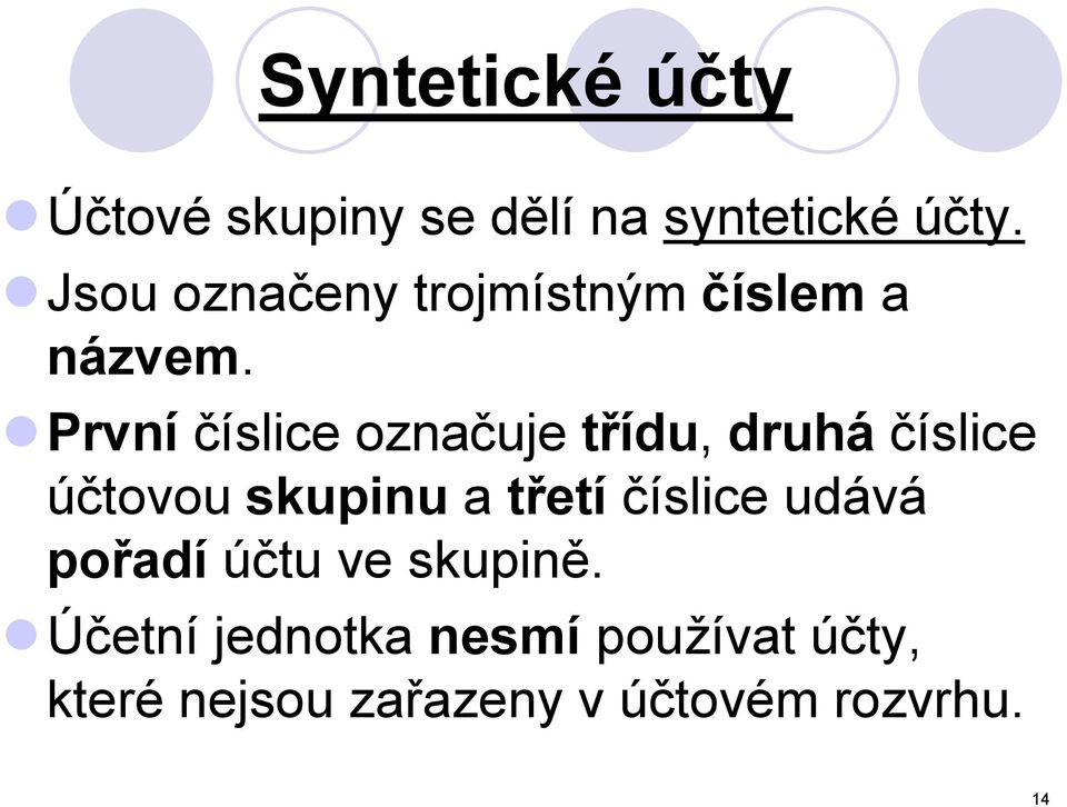 První číslice označuje třídu, druhá číslice účtovou skupinu a třetí