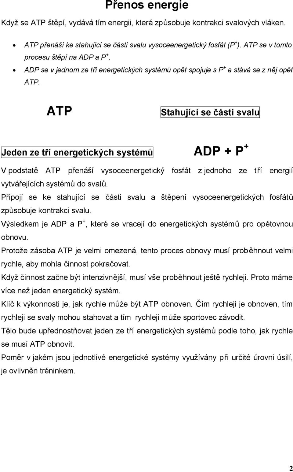 ATP Stahující se části svalu Jeden ze tří energetických systémů ADP + P + V podstatě ATP přenáší vysoceenergetický fosfát z jednoho ze tří energií vytvářejících systémů do svalů.