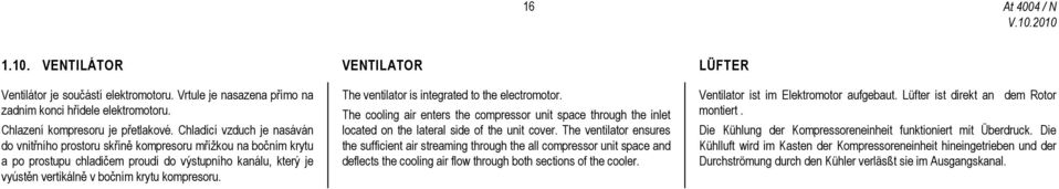 The ventilator is integrated to the electromotor. The cooling air enters the compressor unit space through the inlet located on the lateral side of the unit cover.